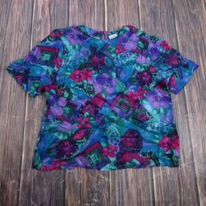 Koret Blouse Women XL Purple Blue Floral Abstract Short Sleeve Vintage Top
